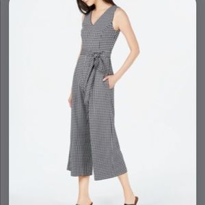 Calvin Klein Sleeveless V-neck Cropped Wide Leg Tie Waist Checkered Jumpsuit NWT
